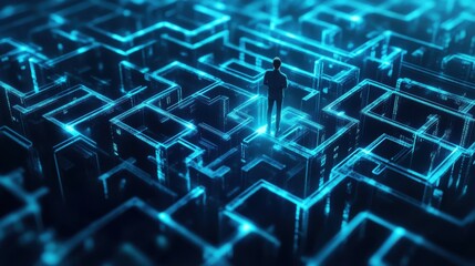 A person navigating through a digital maze of online security protocols, Cybersecurity scene, Futuristic style