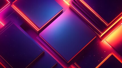 Futuristic abstract geometric neon shapes with glowing reflections in digital environment. Cyber technology background with neon illuminated 3d geometric shapes and reflections. 