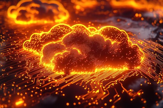 Exploring Cloud Computing: Data Storage and Network Infrastructure on Circuit Boards with Glowing Circuits and Cloud Symbols