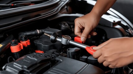Person servicing a car engine component