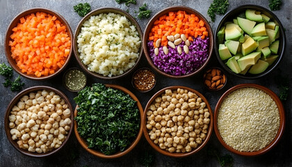 Photo: Healthy Vegan Buddha Bowl Ingredients - Carrots, Cauliflower Rice, Red Cabbage, Avocado, Chickpeas, Kale, Quinoa