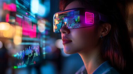 Woman wearing futuristic augmented reality headset in a high-tech digital environment. Virtual reality experience with young female using advanced smart glasses and neon lights. 