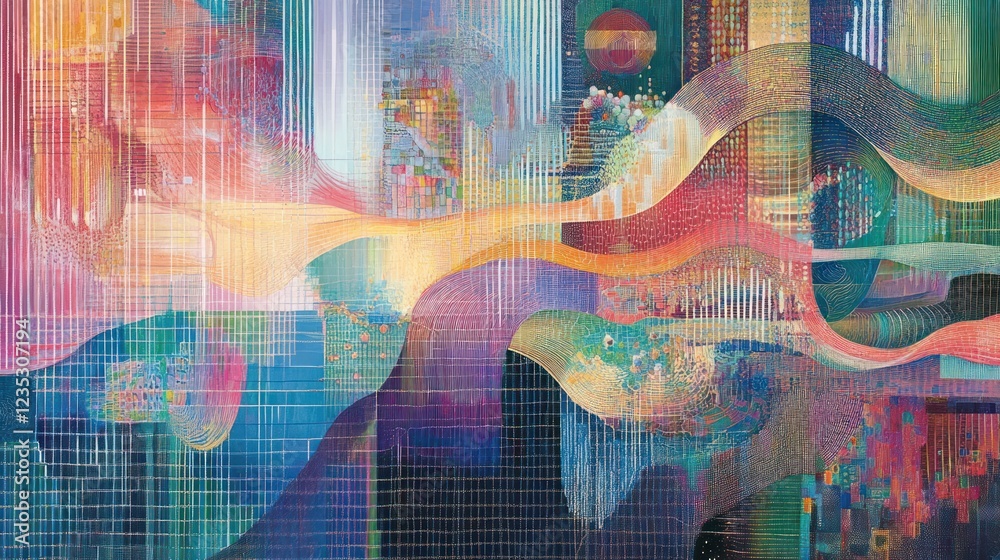 Poster Abstract Colorful Gridded Landscape With Flowing Lines