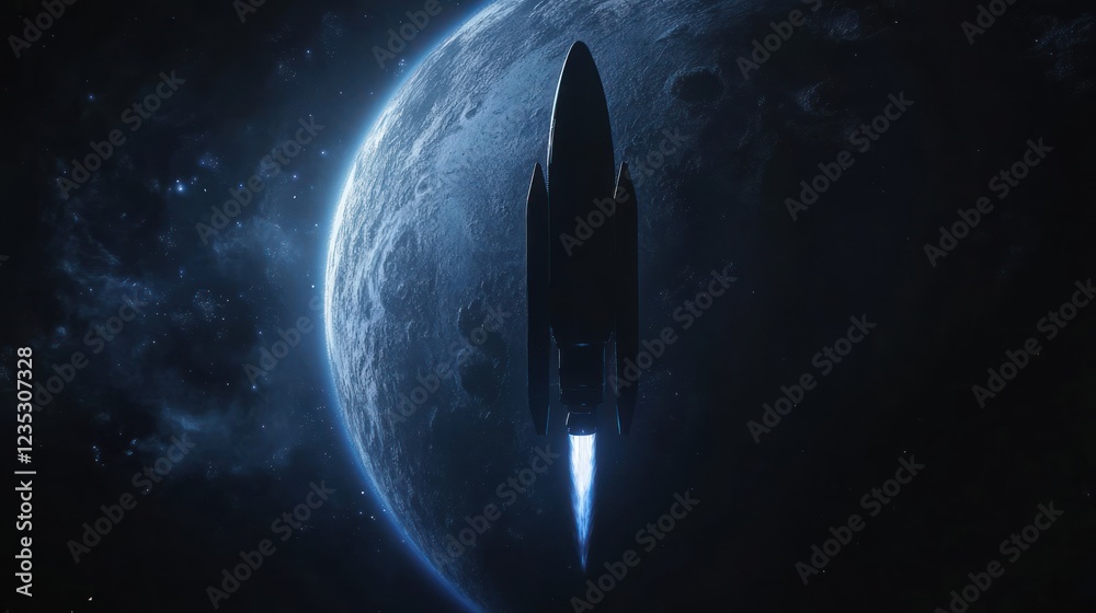 Poster spaceship ascending near a distant planet