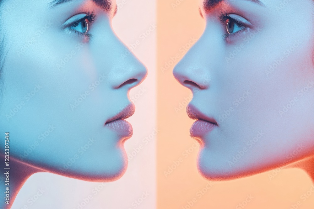 Poster contrast of youth and age illustrated through two distinct facial profiles in striking colors. gener