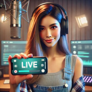 Influenceuse faisant un live avec &eacute;crit le mot live sur son t&eacute;l&eacute;phone
