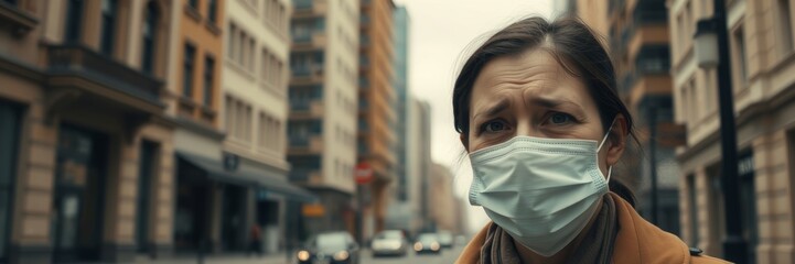 Woman in a mask with concern walking on a city street