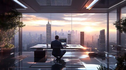 Businessman in futuristic office with panoramic view of modern skyscrapers at sunset. Executive man working in high-tech office with stunning city skyline in background.