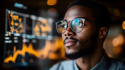 Portrait of focused young man wearing glasses analyzing data on futuristic digital screen in cyber technology environment.