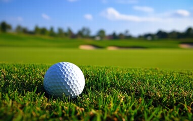 Fototapeta premium A lone golf ball rests on a vibrant green, under a sunny sky. Ready for the next swing!