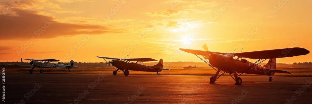 Aufkleber retro airplanes parked on a vintage airfield during a beautiful sunset in a tranquil setting. genera