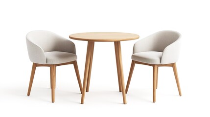 3D rendering of a modern minimalist dining table with two chairs, isolated on a white background.