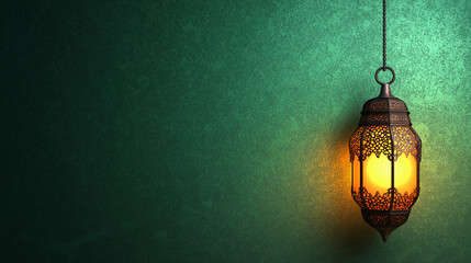Hanging Ramadan lantern glowing with warm light against a deep green textured wall, symbolizing faith, spirituality, and the sacred ambiance of the holy month of fasting.