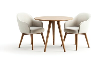3D rendering of a modern minimalist dining table with two chairs, isolated on a white background.