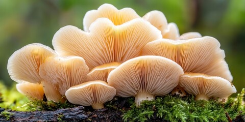 Cluster of Delicate Pale Mushrooms on Mossy Log