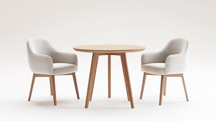 3D rendering of a modern minimalist dining table with two chairs, isolated on a white background.