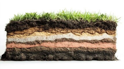 Photo of a cross-section showing different layers in soil with grass and dirt on a white background, close-up view, in natural light