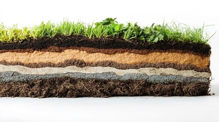 Photo of a cross-section showing different layers in soil with grass and dirt on a white background, close-up view, in natural light