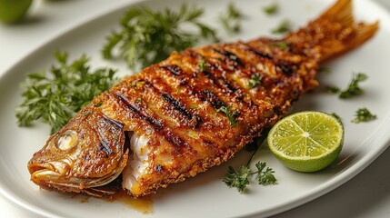 Grilled fish garnished with herbs and lime on a white plate, showcasing vibrant colors