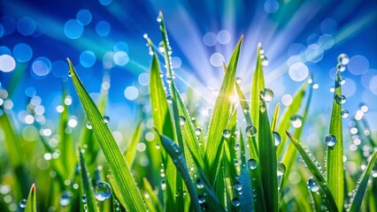 Fototapeta premium Lush Green Grass Meadow Under Bright Sunny Blue Sky - Macro Photography Stock Photo