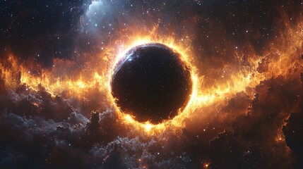 Stunning cosmic scene depicting a celestial body surrounded by fiery clouds in space