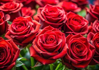 Obraz premium Lush Red Roses Bouquet, Deep Focus, Vibrant Bloom, Valentine's Day Flowers