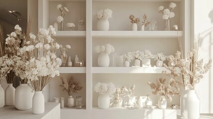 White Vases Filled With Dried Flowers On Shelves