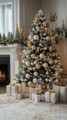 Modern Holiday Decor with Neutral White and Champagne Tones Featuring a Minimalist Christmas Tree, Soft Lights, and Elegant Gift Boxes for a Refined Festive Atmosphere