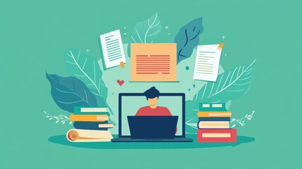 A person participating in an online course with a laptop and study materials, Lifelong learning theme, Educational style
