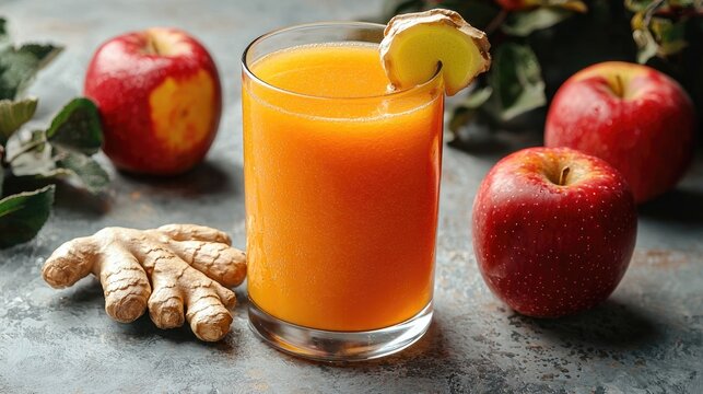 Fresh ginger apple juice in a glass surrounded by apples and ginger root on a textured surface