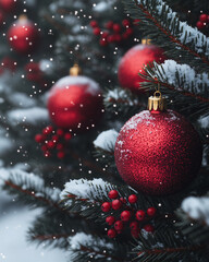 Red Christmas Ornaments Hanging on Snow-Covered Pine Branches, Capturing the Festive Spirit and Seasonal Beauty of a Traditional Winter Holiday Decoration