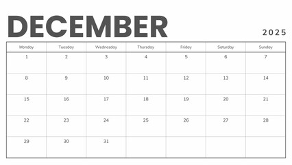 Monthly Planner December 2025, Minimalist Black and White Calendar, Monday Start Printable Calendar, Plain calendar, Dated Monthly Planner, Simple Monthly Organizer, Landscape Monthly Planner 
