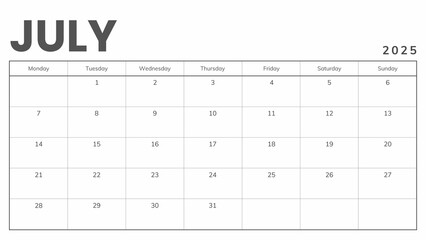 Monthly Planner July 2025, Minimalist Black and White Calendar, Monday Start Printable Calendar, Plain calendar, Dated Monthly Planner, Simple Monthly Organizer, Landscape Monthly Planner 