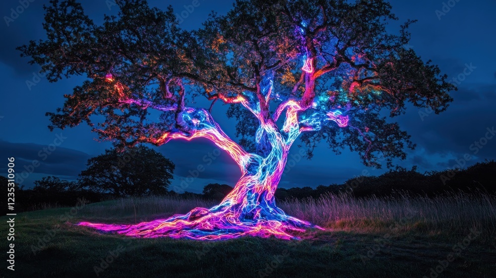 Poster nighttime tree illuminated with vibrant colors