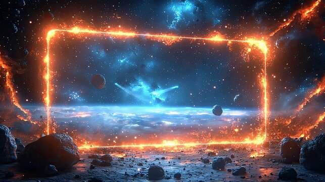 A stunning cosmic scene featuring a glowing frame amidst asteroids and stars
