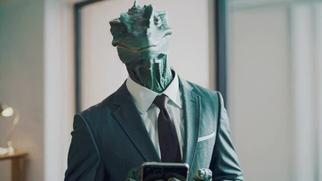 Corporate employee transforms into reptilian communicator. Green velociraptor mask disrupts traditional workplace aesthetic. Static horizontal framing.