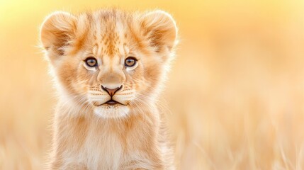 Fototapeta premium Cute lion cub looking directly at the camera in the sunny African savanna during golden hour.
