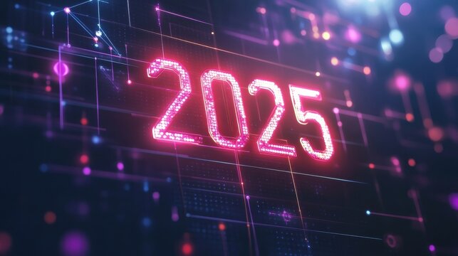 Digital calendar for the year 2025 displayed in a sleek futuristic style with vibrant colors and patterns. Generative AI - Powered by Adobe