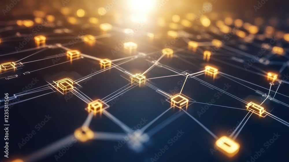 Poster abstract network of interconnected golden cubes