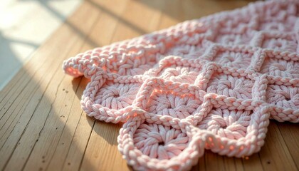 Close-Up Pink Knitted Dishcloth on Wood
