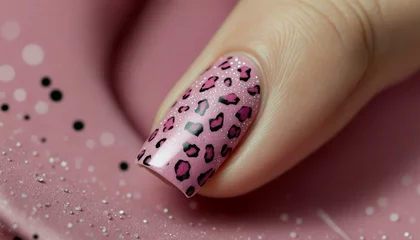 Close-up pink manicure with leopard print design