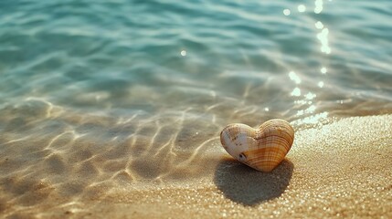 Turquoise Beach with Heart-Shaped Seashells on Golden Sand Under Gentle Sunlight