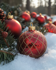 Red Christmas Ornaments Hanging on Snow-Covered Pine Branches, Capturing the Festive Spirit and Seasonal Beauty of a Traditional Winter Holiday Decoration