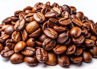 Fototapeta premium Macro Photo of Roasted Coffee Beans Pile, Rich Brown Tones on White Background