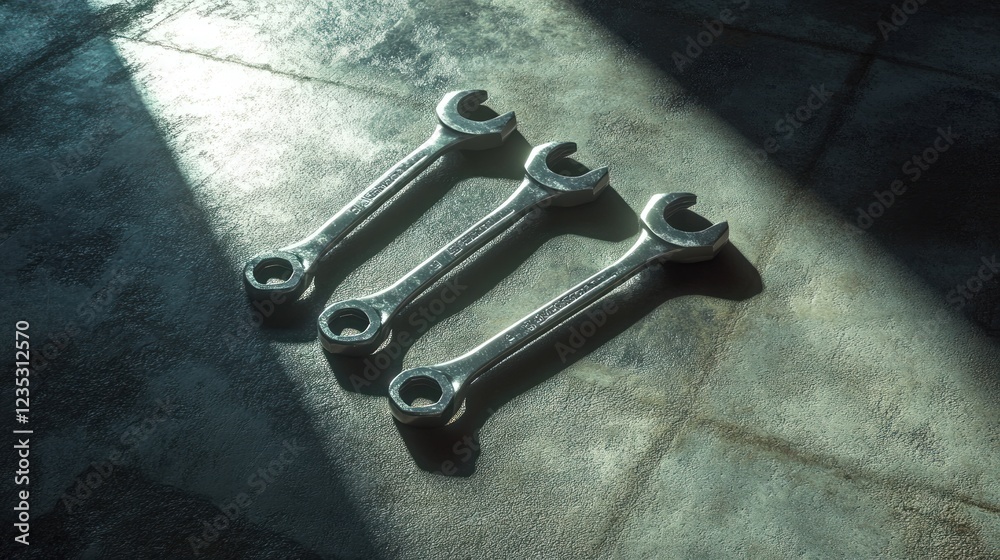 Poster Three metallic wrenches lie on a textured surface
