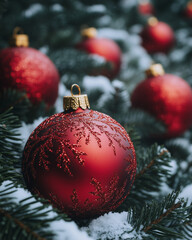 Red Christmas Ornaments Hanging on Snow-Covered Pine Branches, Capturing the Festive Spirit and Seasonal Beauty of a Traditional Winter Holiday Decoration
