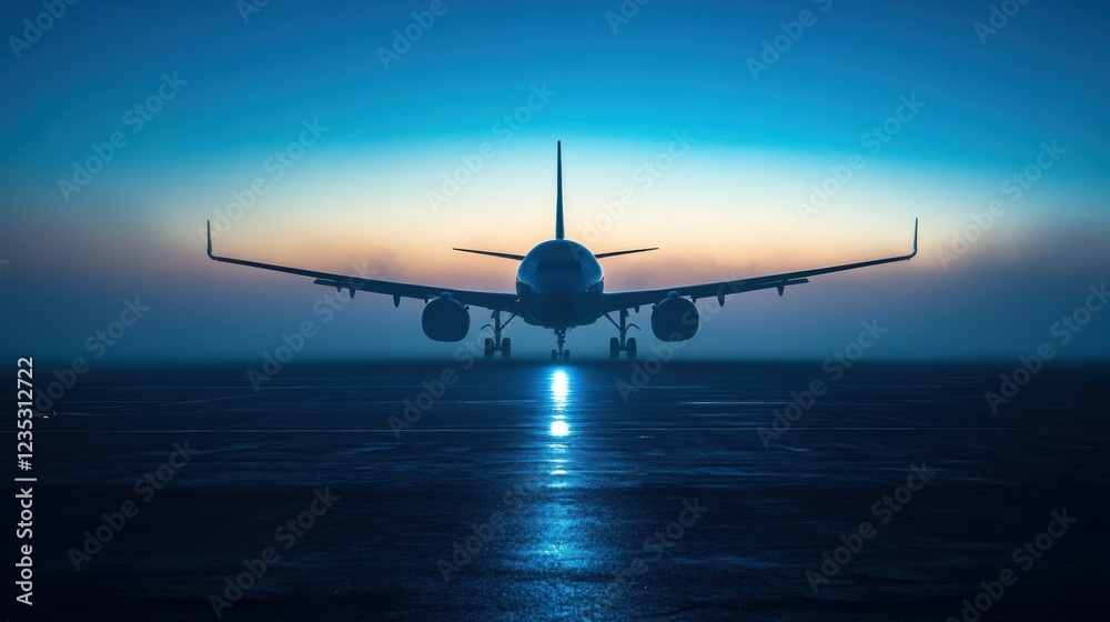 Leinwandbilder Silhouette of an airplane against a twilight sky reflecting on a wet runway in a serene airport setting. Generative AI