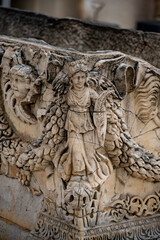 Statues, sarcophagi and other artifacts from the ancient city of Perge are exhibited in the Antalya Museum. Rows of columns in Perge, Antalya, Turkey. Remains of colonnaded street in Pamphylian ancien