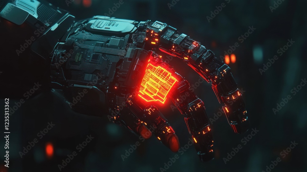 Poster a futuristic robotic hand displays glowing circuits