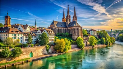 Obraz premium Majestic Basel Munster Church on Rhine River, Switzerland - Panoramic View